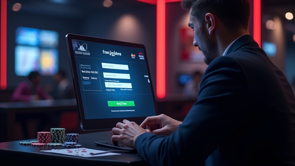 Nuovo giocatore che completa un modulo di registrazione in stile casino su uno schermo luminoso