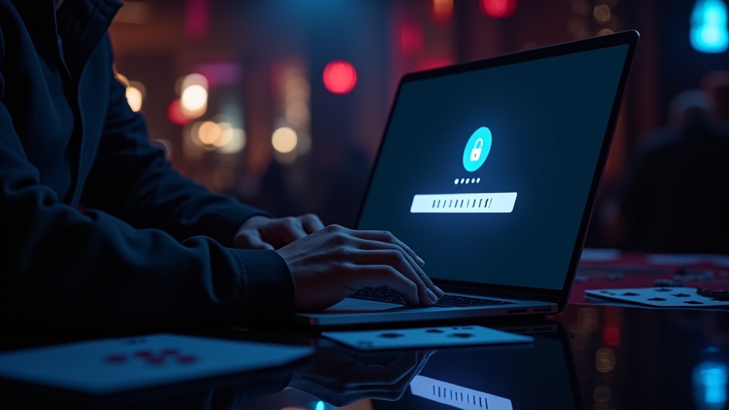 Giocatore che controlla una schermata di accesso sicura in un ambiente scuro a tema casino