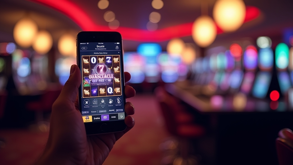 Android phone displaying a slot app inside a dark casino scene