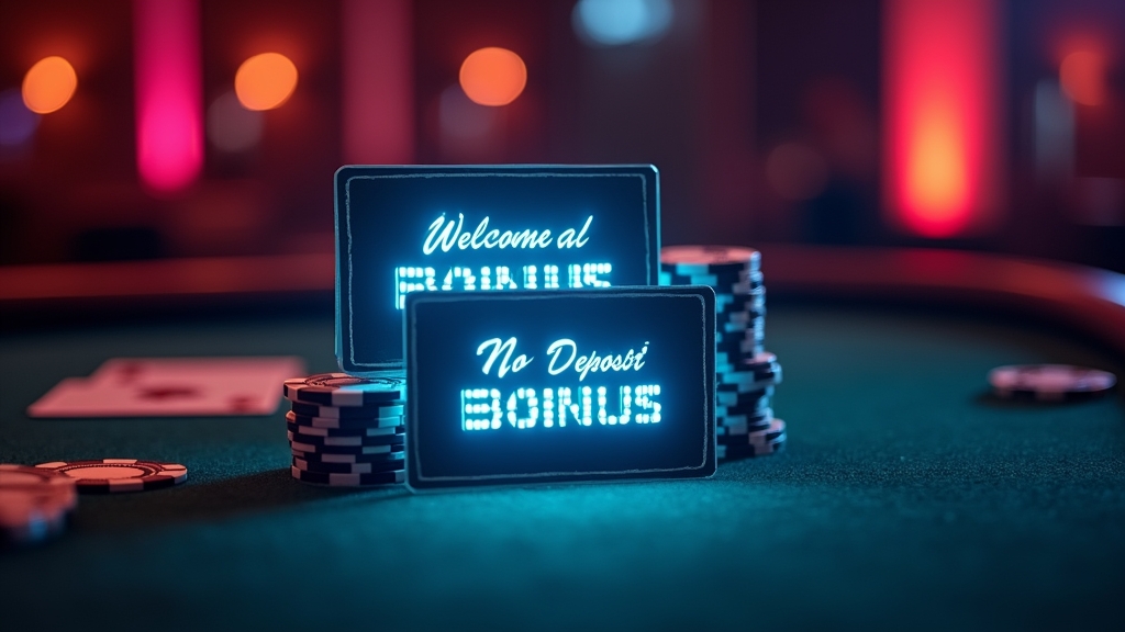 Two bonus cards on a casino table representing welcome and no deposit offers