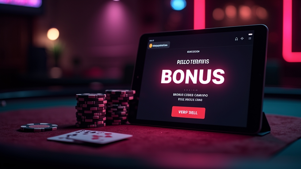 Tablet showing casino bonus terms beside chips and cards in a dark setting