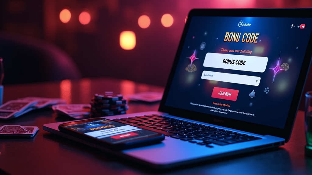Laptop and phone showing a casino bonus code entry screen in a dark setting